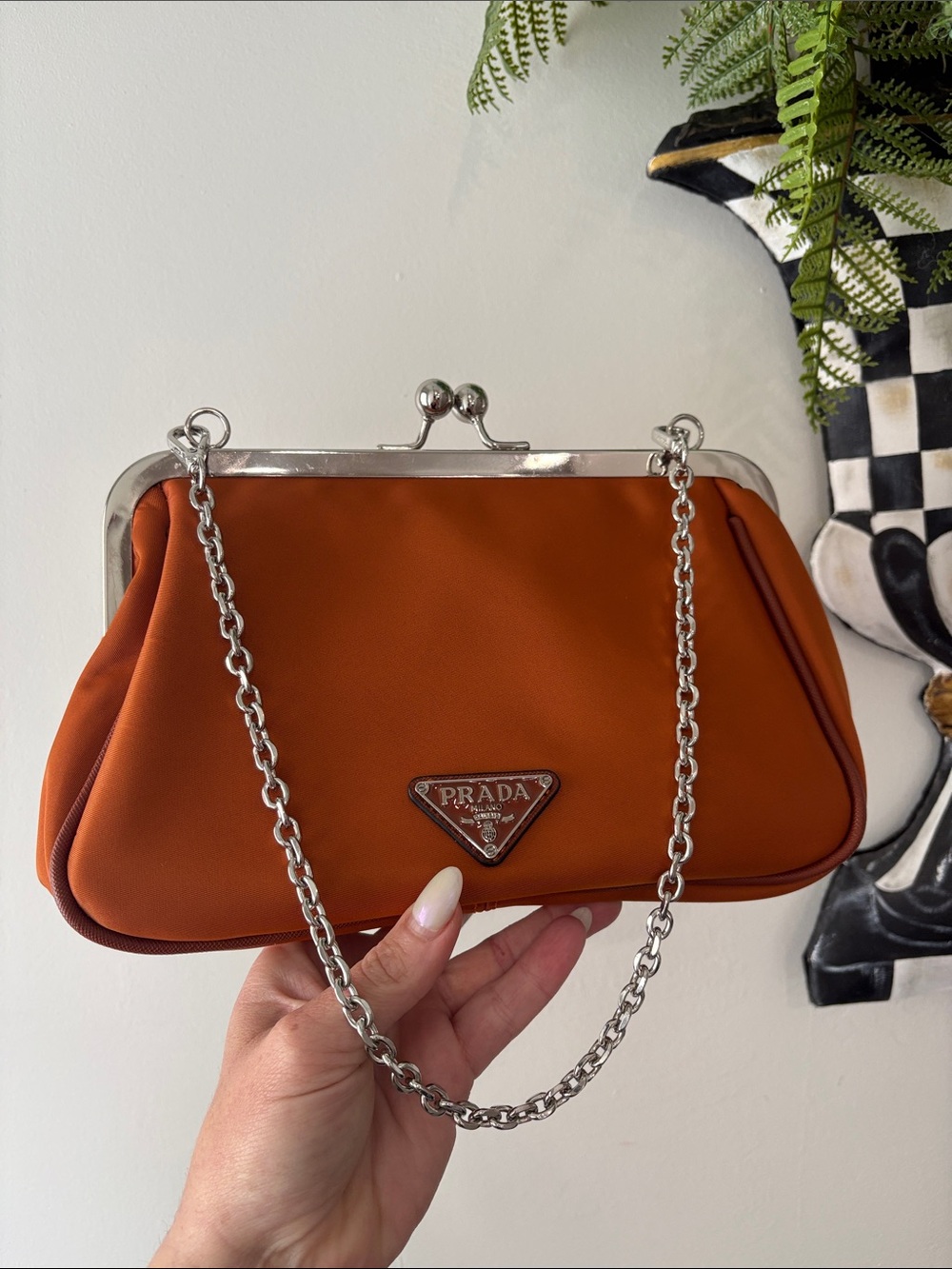 Prada Burnt Orange Nylon Frame-Top Chain Shoulder Clutch